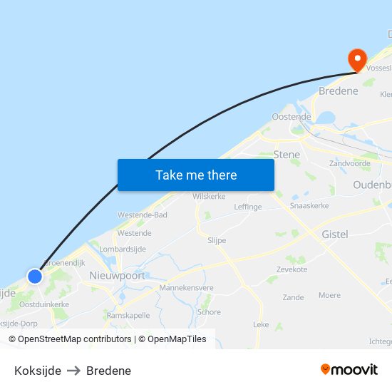 Koksijde to Bredene map