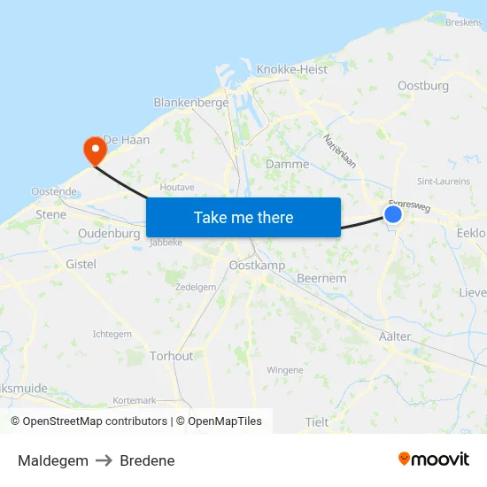 Maldegem to Bredene map