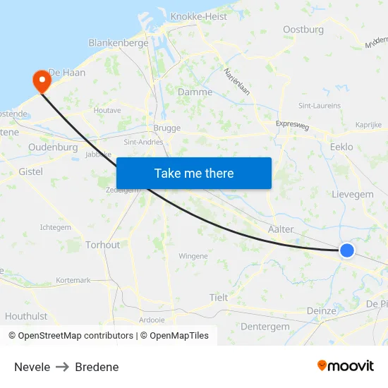 Nevele to Bredene map