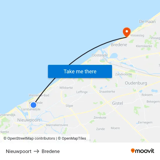 Nieuwpoort to Bredene map
