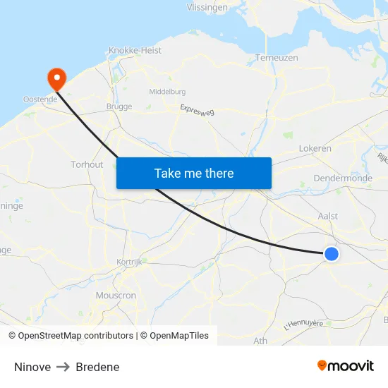 Ninove to Bredene map