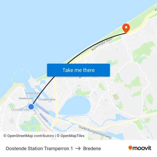 Oostende Station Tramperron 1 to Bredene map