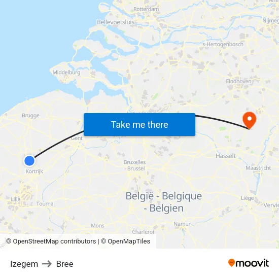 Izegem to Bree map