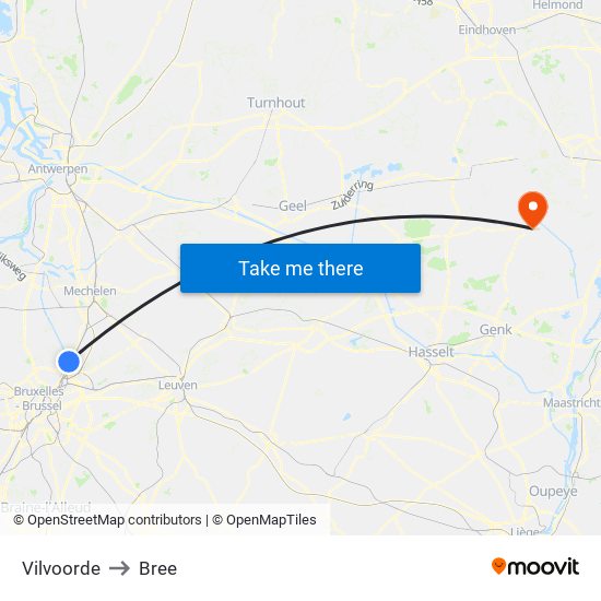 Vilvoorde to Bree map