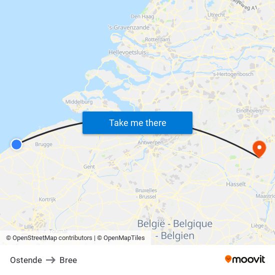 Ostende to Bree map