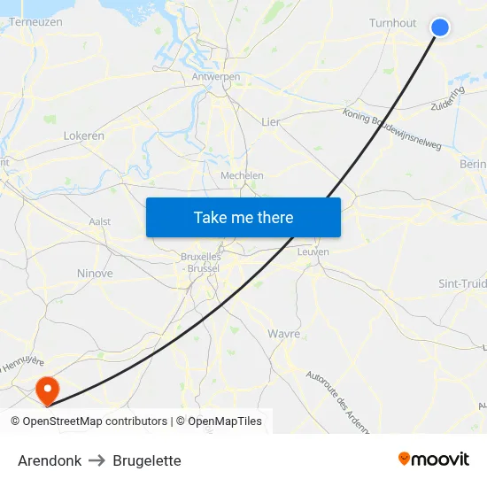 Arendonk to Brugelette map