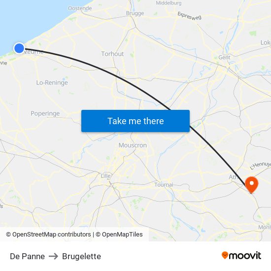 De Panne to Brugelette map