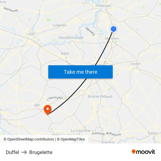 Duffel to Brugelette map