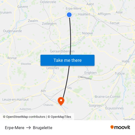 Erpe-Mere to Brugelette map