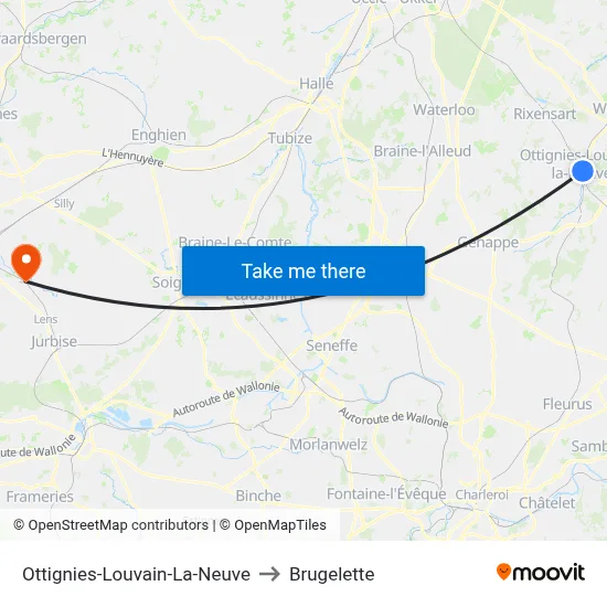 Ottignies-Louvain-La-Neuve to Brugelette map