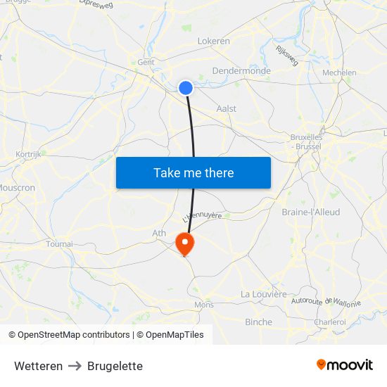 Wetteren to Brugelette map