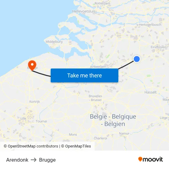 Arendonk to Brugge map