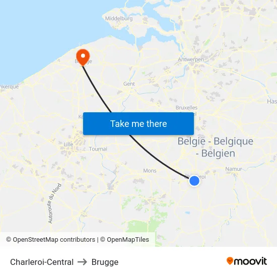 Charleroi-Central to Brugge map