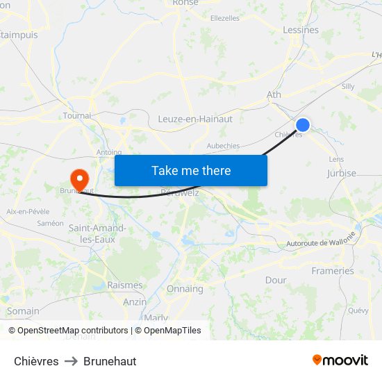 Chièvres to Brunehaut map