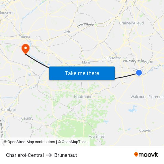 Charleroi-Central to Brunehaut map