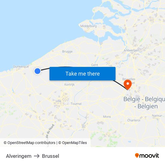 Alveringem to Brussel map