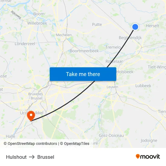 Hulshout to Brussel map