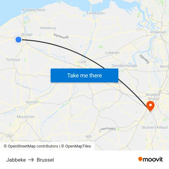 Jabbeke to Brussel map