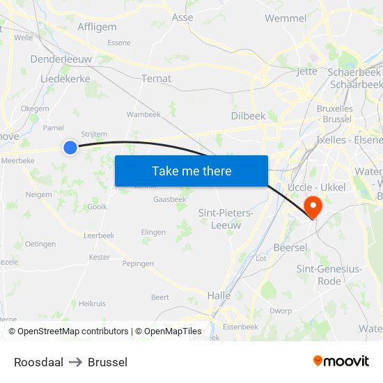 Roosdaal to Brussel map