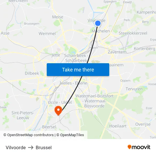Vilvoorde to Brussel map