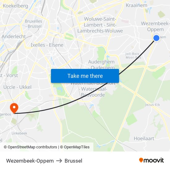 Wezembeek-Oppem to Brussel map