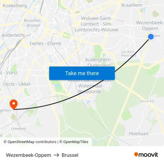 Wezembeek-Oppem to Brussel map