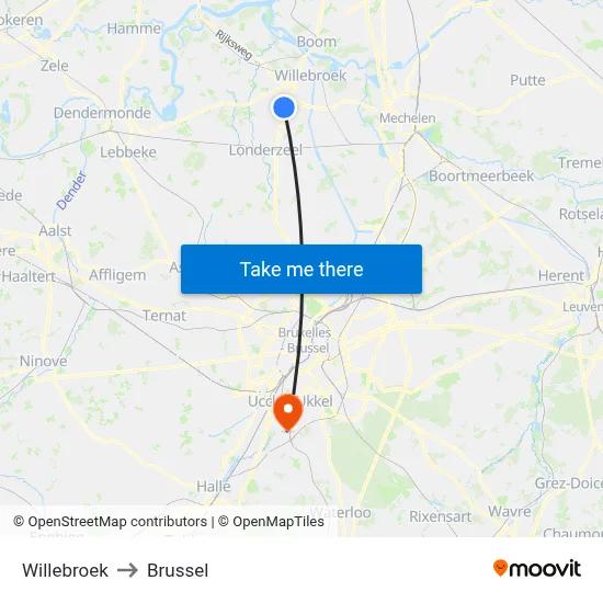 Willebroek to Brussel map