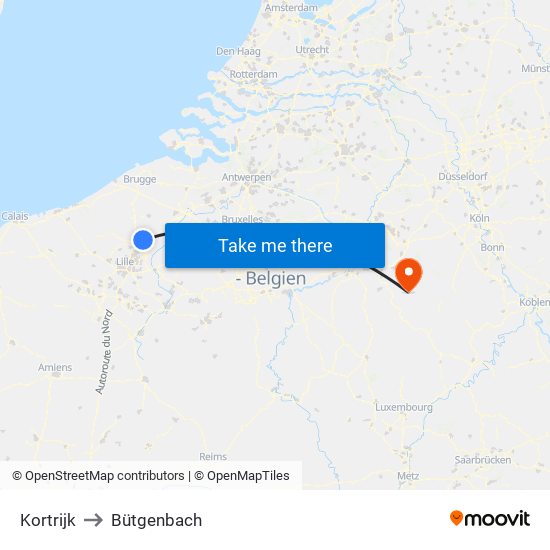 Kortrijk to Bütgenbach map