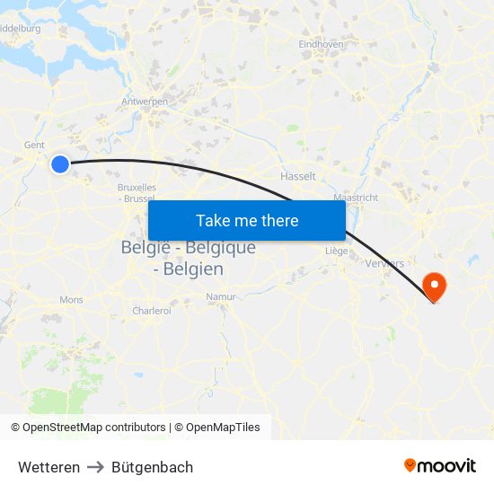 Wetteren to Bütgenbach map