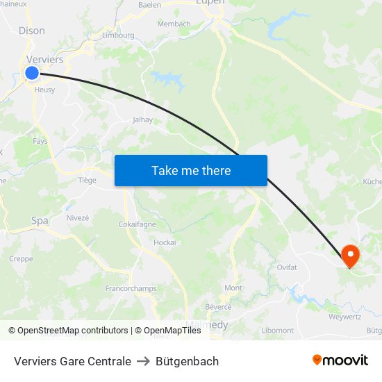 Verviers Gare Centrale to Bütgenbach map