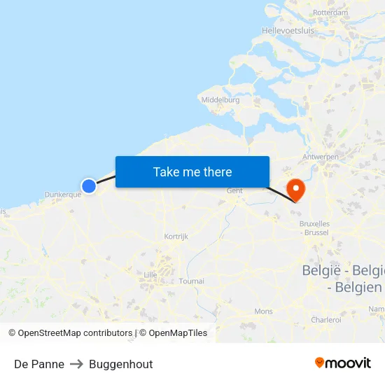 De Panne to Buggenhout map