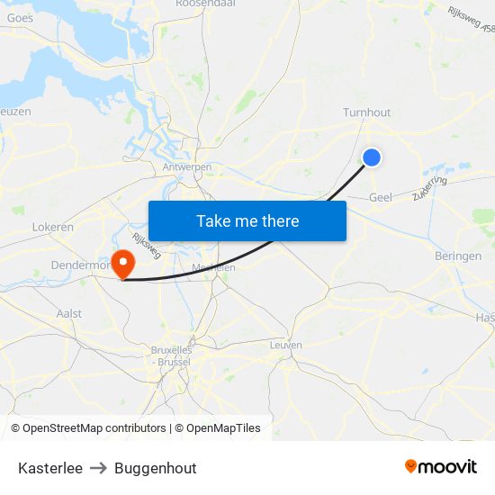 Kasterlee to Buggenhout map