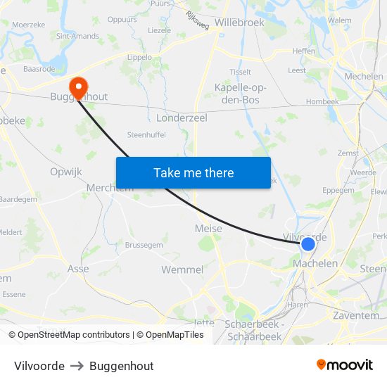 Vilvoorde to Buggenhout map