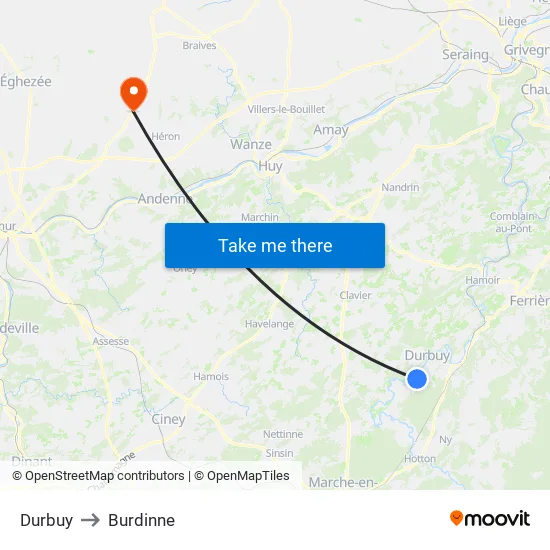 Durbuy to Burdinne map