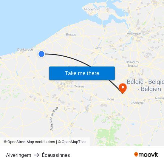 Alveringem to Écaussinnes map