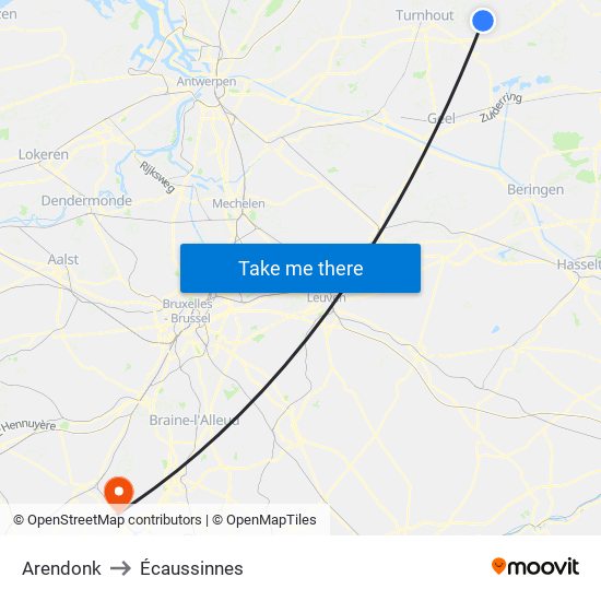 Arendonk to Écaussinnes map