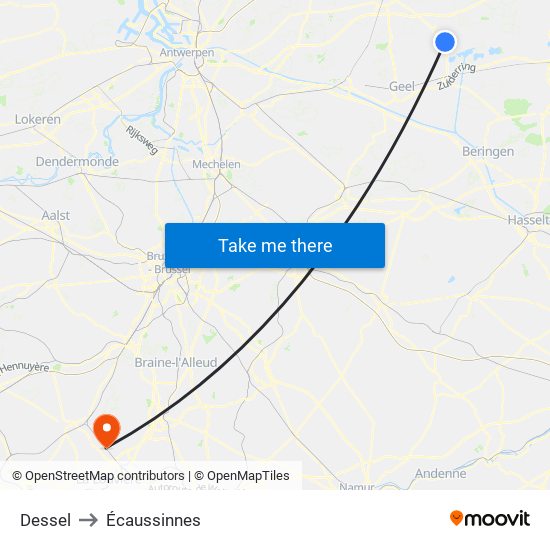 Dessel to Écaussinnes map