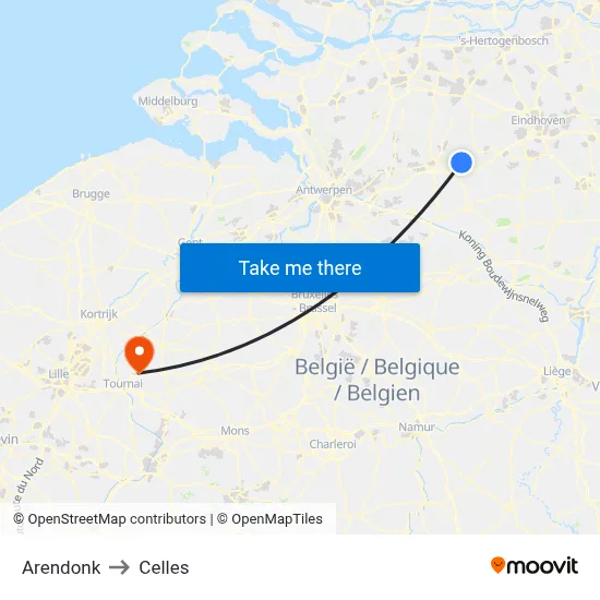 Arendonk to Celles map