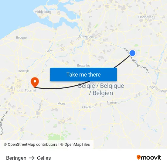 Beringen to Celles map