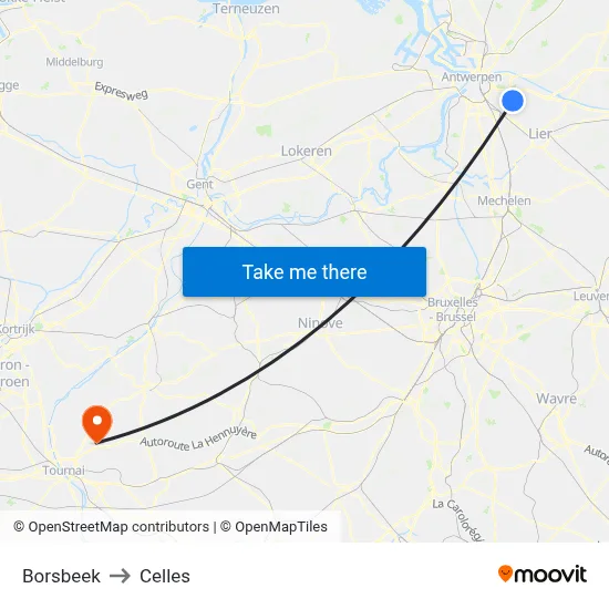 Borsbeek to Celles map