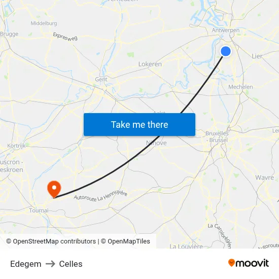 Edegem to Celles map