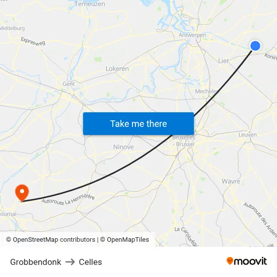 Grobbendonk to Celles map