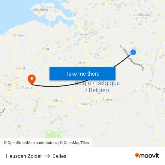 Heusden-Zolder to Celles map