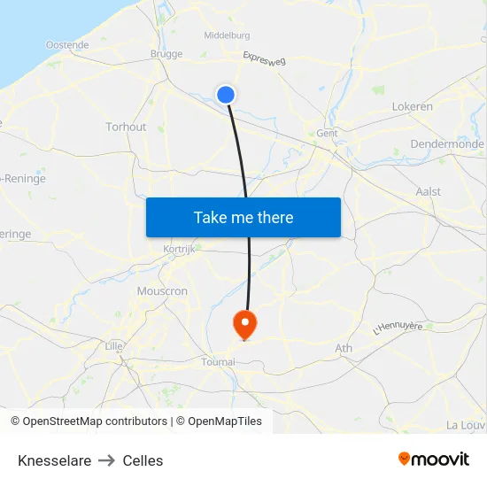 Knesselare to Celles map