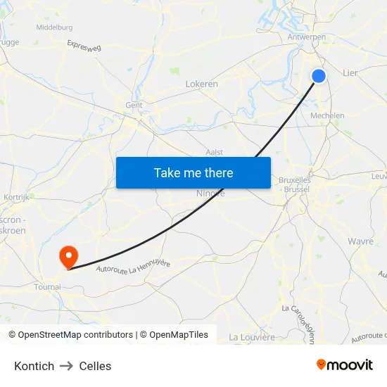 Kontich to Celles map
