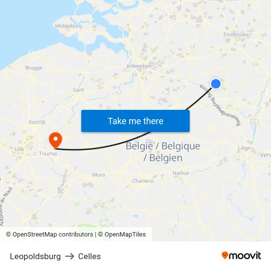 Leopoldsburg to Celles map