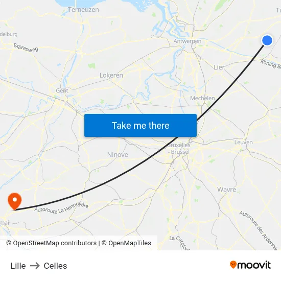 Lille to Celles map