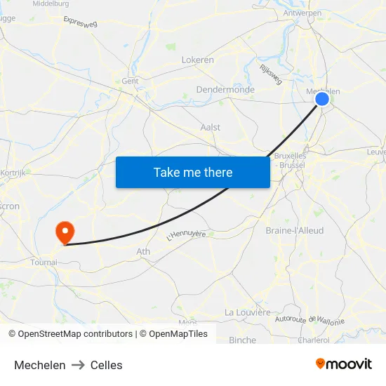 Mechelen to Celles map