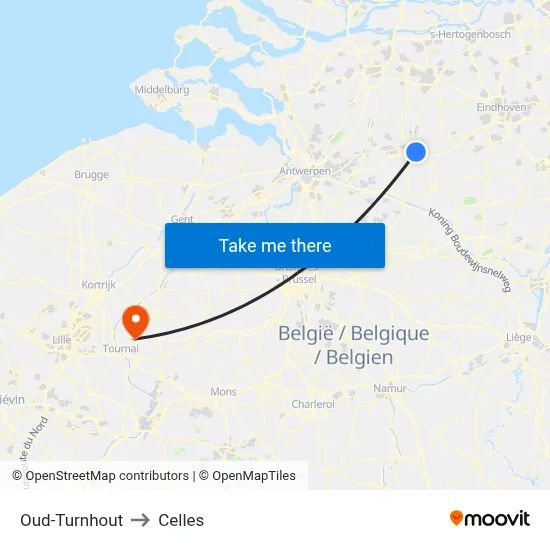Oud-Turnhout to Celles map