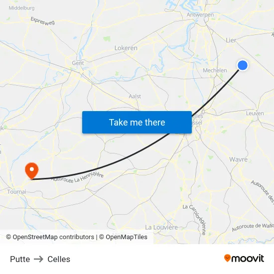 Putte to Celles map